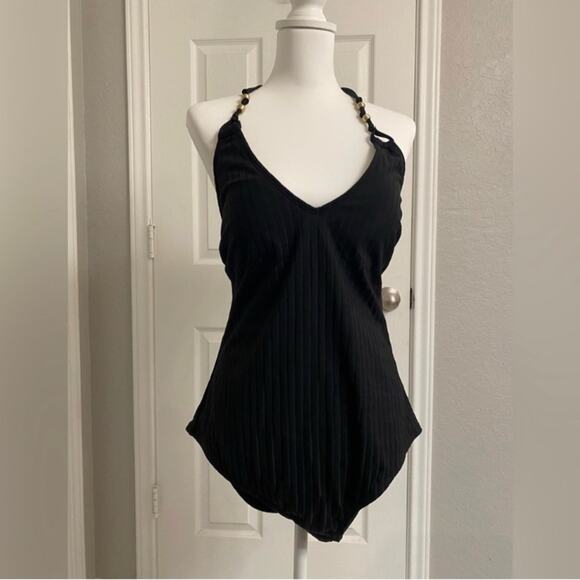Shade & Shore Black Halter One-Piece Swimsuit Ribbed  Gold Bead Detail Size XS - Picture 2 of 7